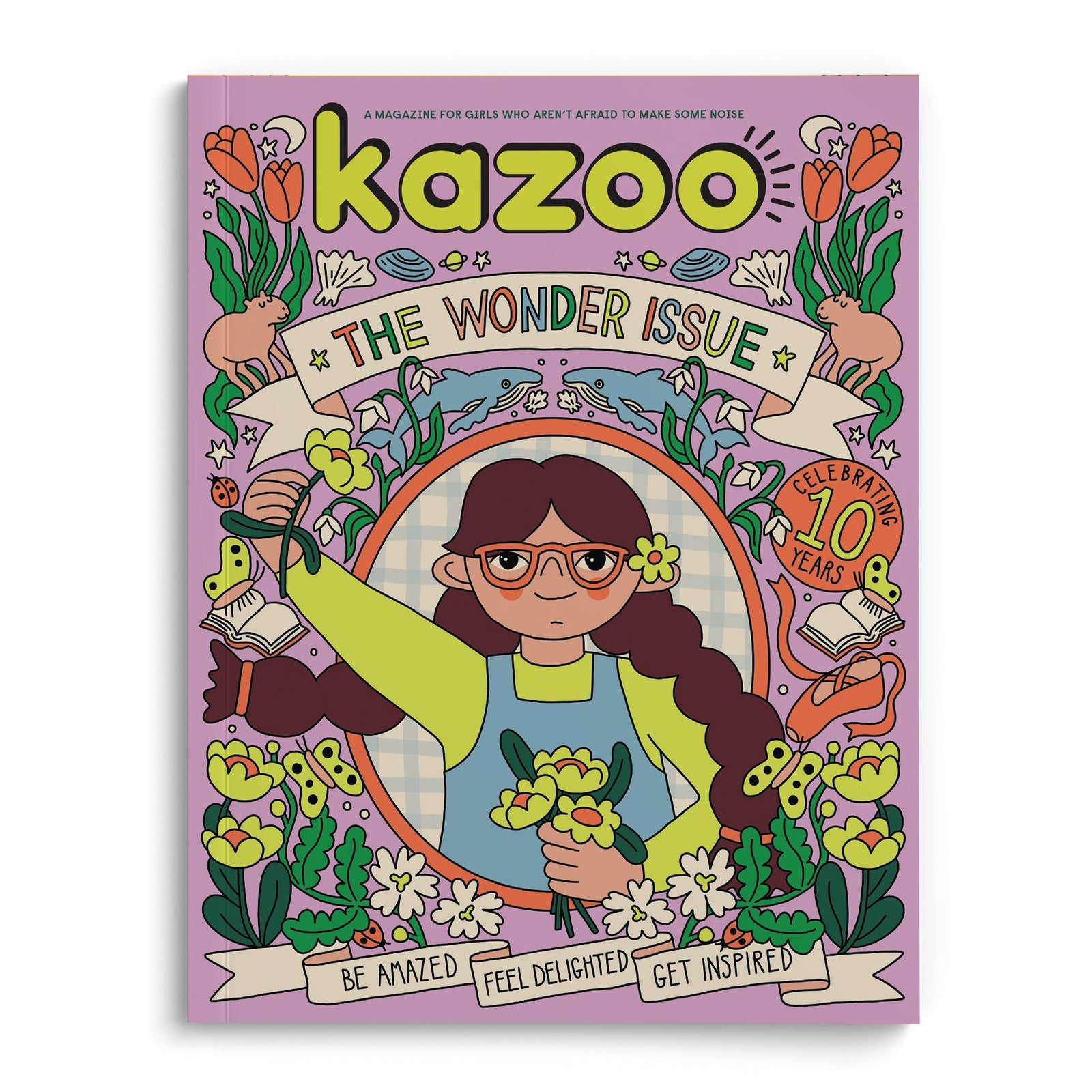 Kazoo magazine cover of the Wonder Issue, featuring a girl holding flowers, surrounded by wondrous things